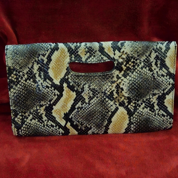 Nine West Snakeskin Pattern Clutch-Black, Tan, & Cream - Picture 2 of 6